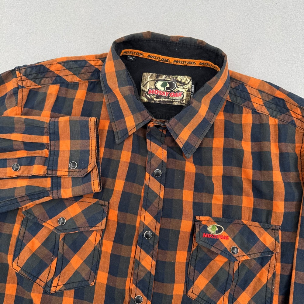 Mossy Oak‎ Pearl Snap Mens XL Orange/Black Plaid Long Sleeve Western Work Shirt
